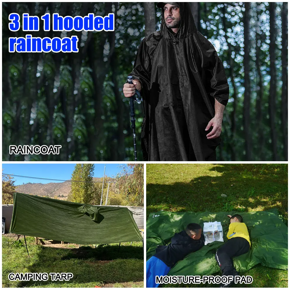 Hooded Raincoat Multi-Use Military Waterproof Ripstop Camouflage Rain coat Men Women Rain Poncho Awning Picnic Mat+Storage Bag