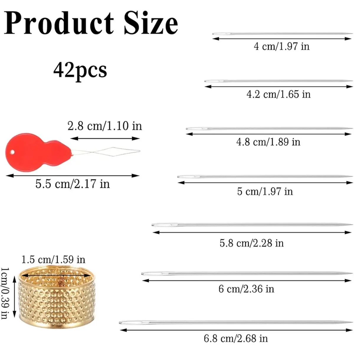 NEW 42 PCS Silver Sewing Set,7 Sizes Embroidery with Gold Thimble and Threaders,for Embroidery,Crafts