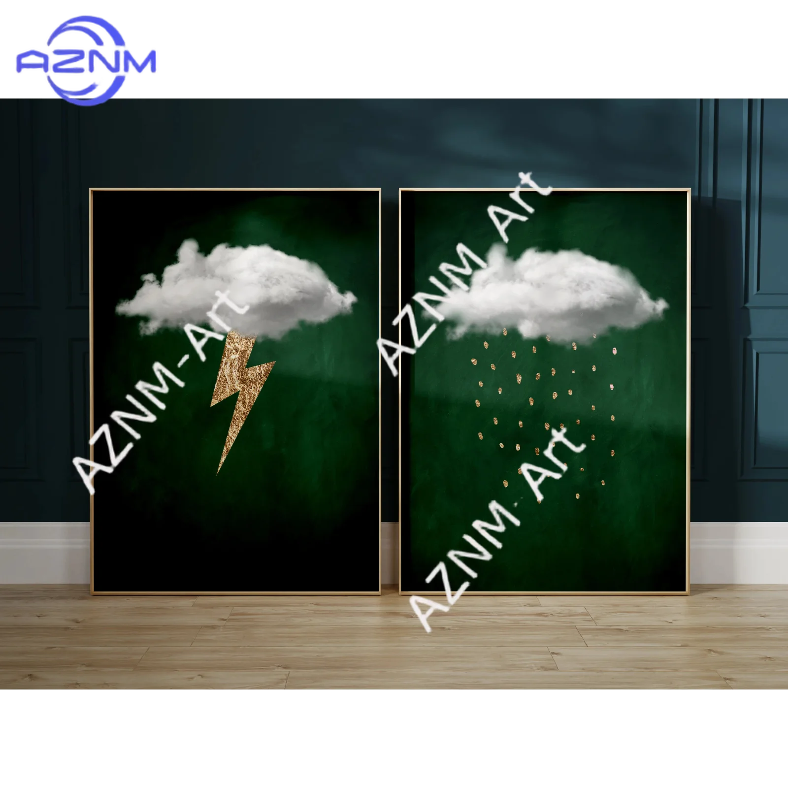 1/2Pcs Green and Gold Cloud Prints ·Lightning Print ·Rain Cloud · Abstract Art, Emerald Green Decor, Maximalist Decor,Room Decor