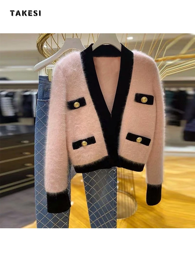 2022 Fall Winter Women\'s French Elegant Cardigan Brand Luxury Mink Fleece Jacket Pocket Design Coat Top Furry Outwear Female