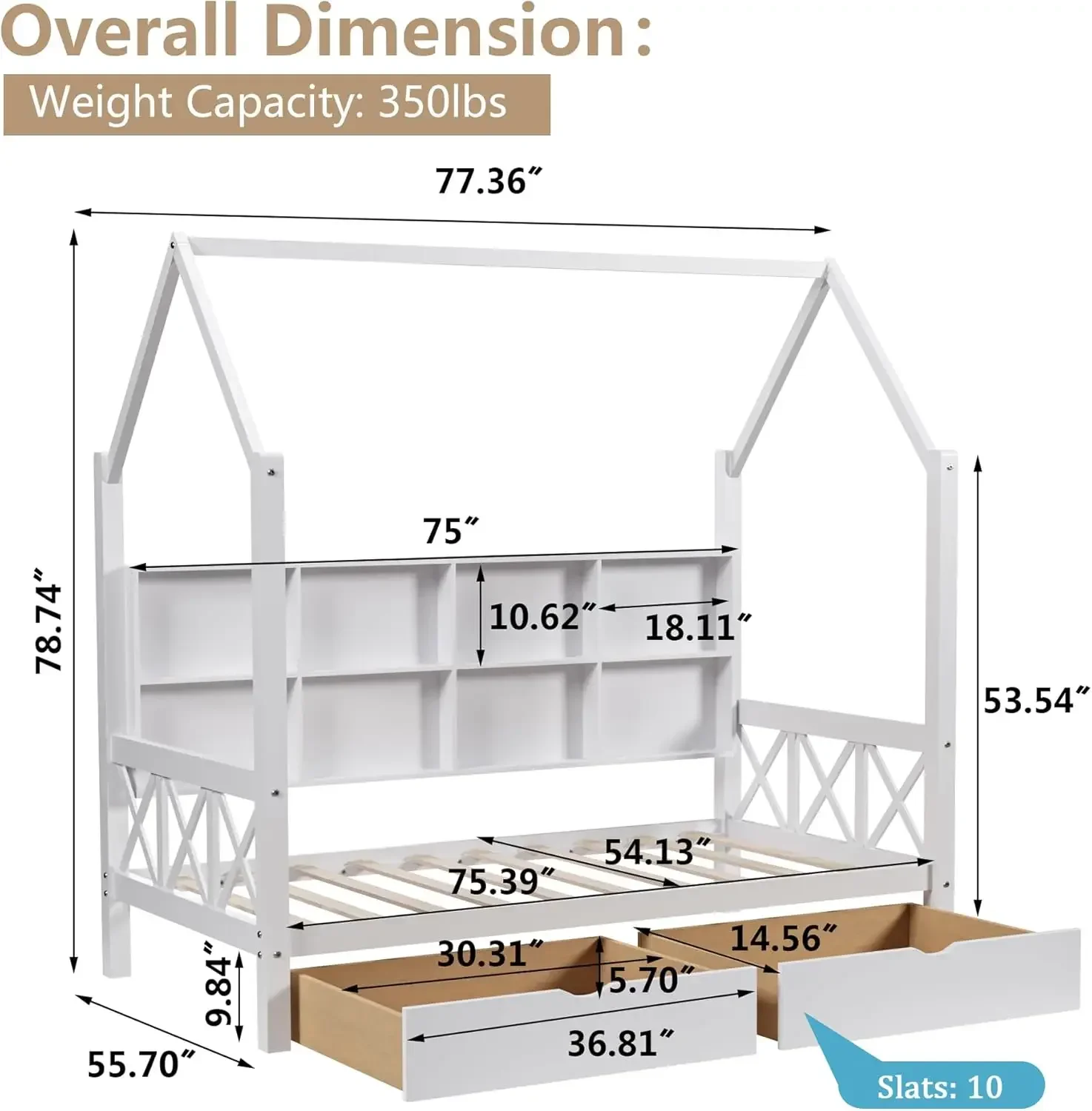 Bed Frame for Kids, House with 2 Drawers, Platform with Headboard and Wood Slats, Montessori House with Fence for Bo