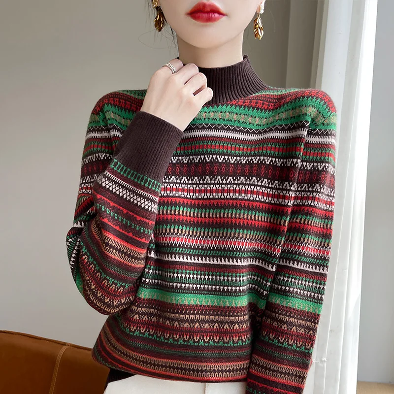 Women's Autumn Winter Half High Neck Long Sleeve Thick Sweater Fashion Versatile Slim Pullover Elegant Stripe Commuter Lady Tops