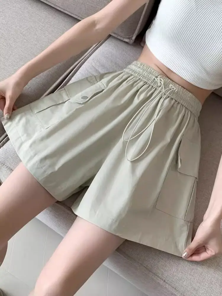 

Модные тонкие свободные шорты с широкими штанинами для женщин, летние повседневные шорты с высокой талией, однотонные шорты с карманами U26