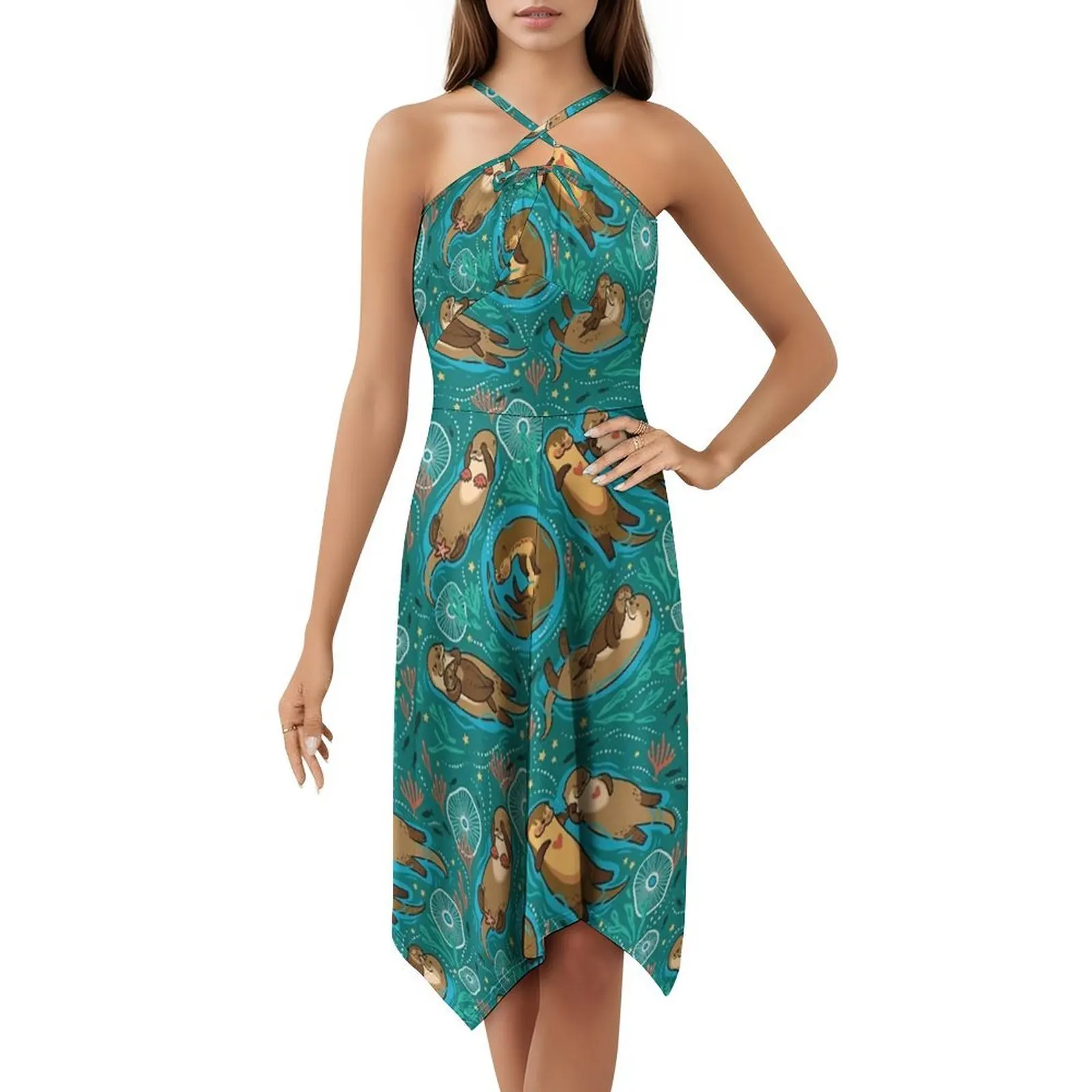 فستان حفلات أنيق للنساء من Otters فستان على شكل حرف a مع خيارات قصيرة/طويلة/بدون أكمام نمط Otter Animal Aquatic Family Fun #5