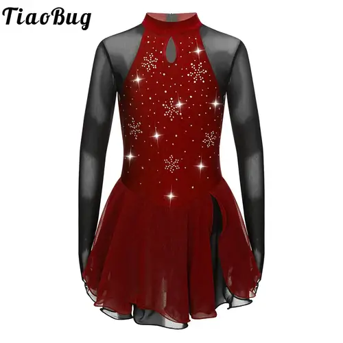 Vestido de patinaje artístico para gimnasia para niñas, vestido de leotardo con tutú de manga larga de malla con diamantes de imitación, traje de baile de Ballet puesta en escena