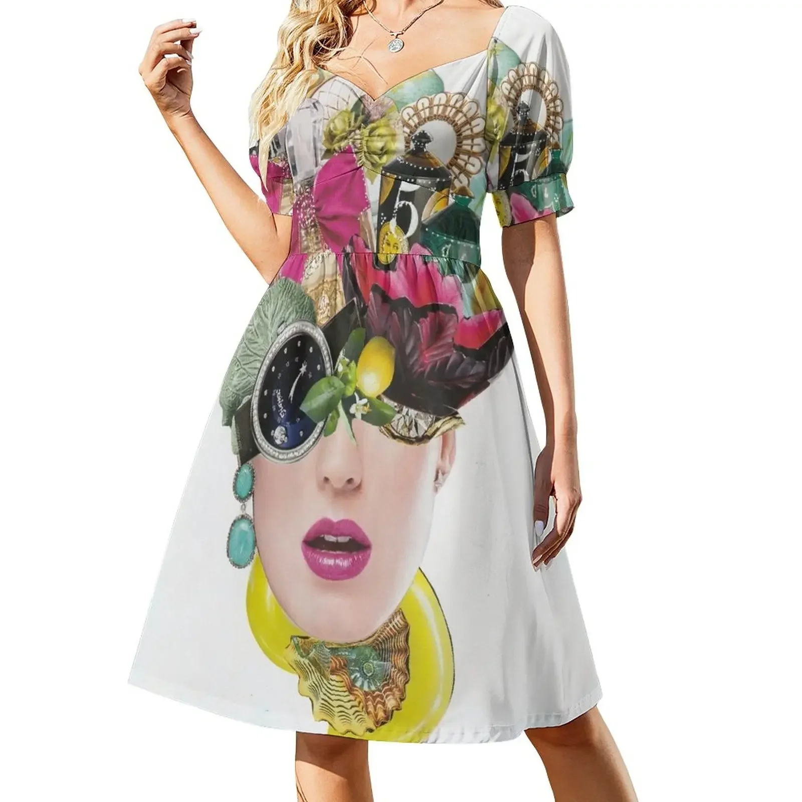 

Face Collage Created With Magazines Paper, ¨ Believe With Your Heart That Everything You Desire Is On Its Wa Short-Sleeved Dress