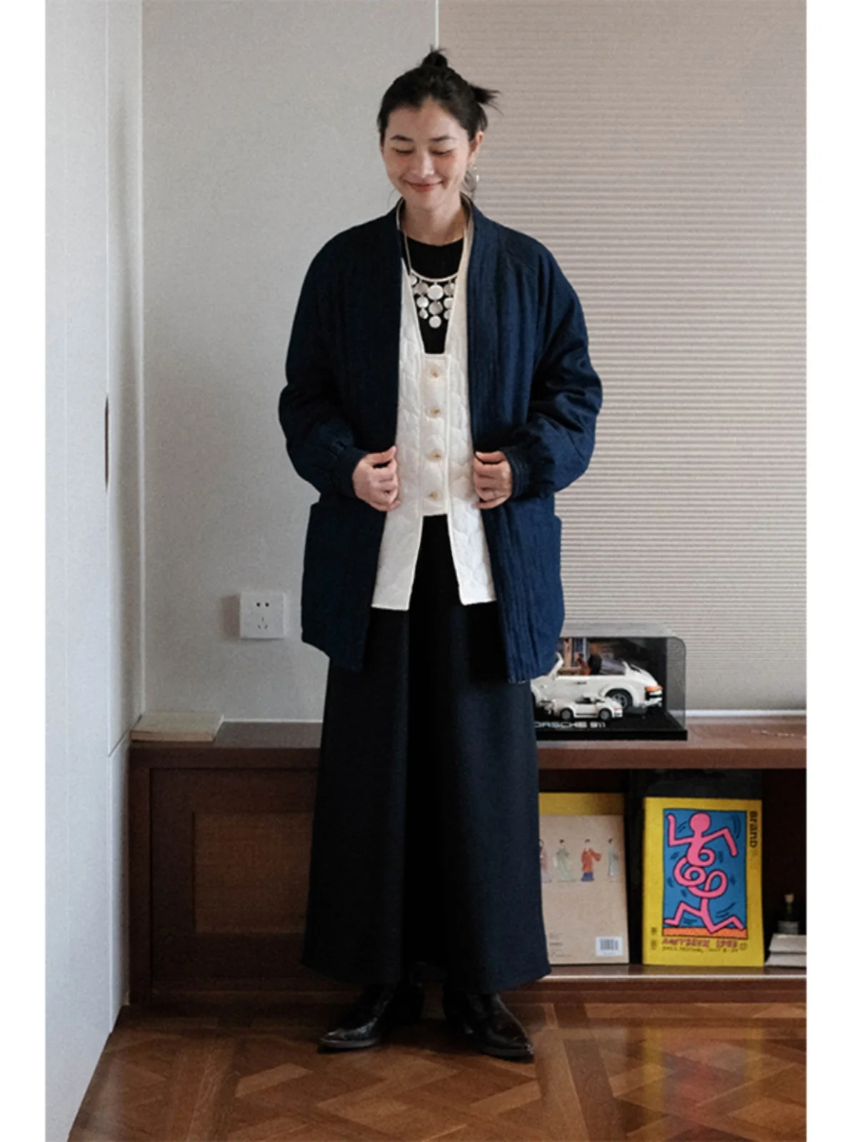 

Street Sle Cotton Jaet with Belt Two-Sided Wearable Traditional Chinese Collar Denim Outerwear Open Cardigan Coat