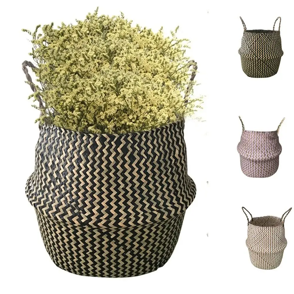 

Handmade Striped Wicker Storage Baskets Collapsible Decorative Seaweed Flower Pot Boho with Handle Seaweed Wicker Basket