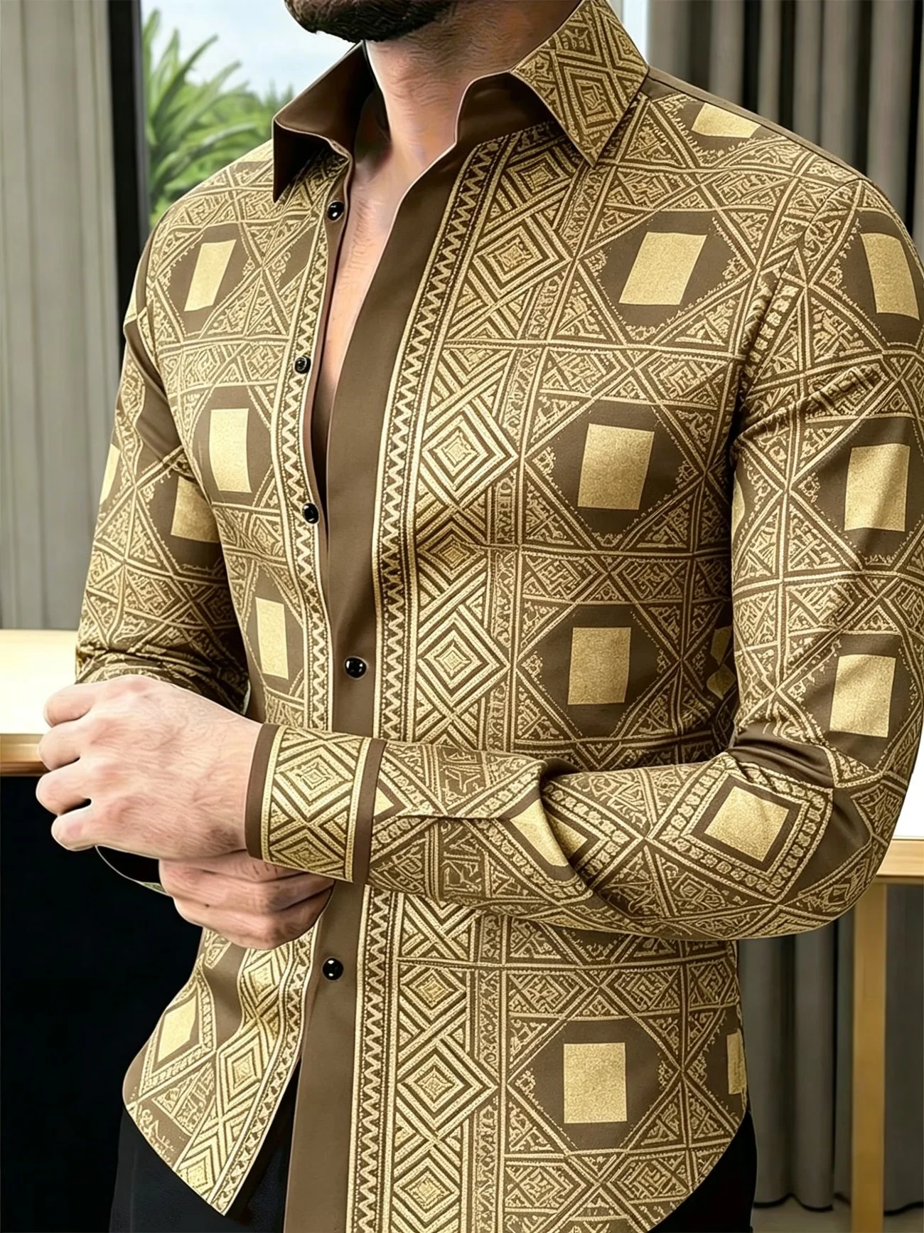 New retro trimmed slim fit shirt with solid color, dark green cuffs, rose print splicing, long sleeved shirt clothing