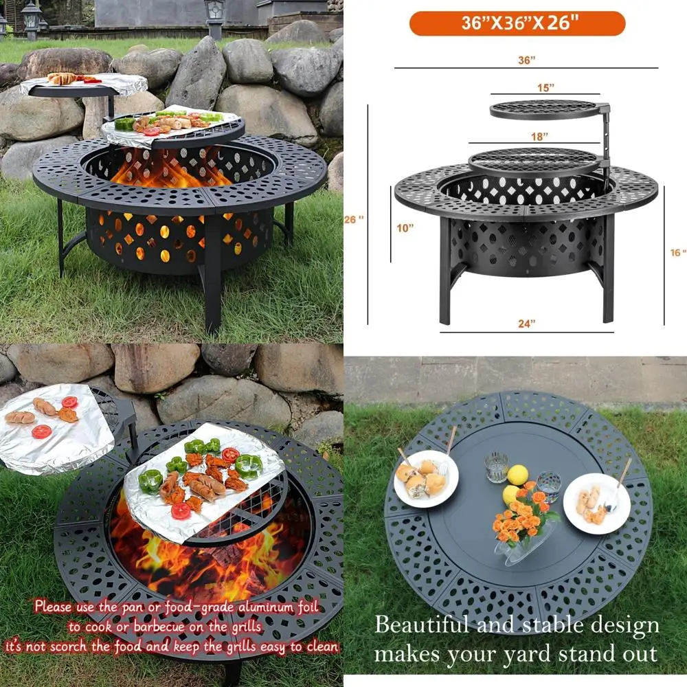 Braciere da 36 pollici con 2 griglie, bracieri a legna per esterno con coperchio, poker e copertura impermeabile rotonda, barbecue e fuoco all'aperto