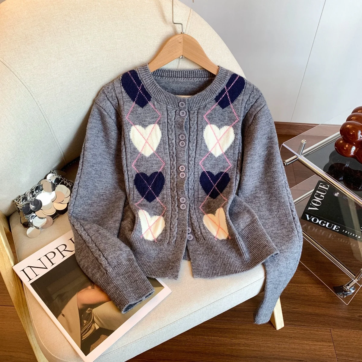 

Женский серый кардиган с круглым вырезом и вышивкой, джемпер, свитер, винтажный свитер 2000-х годов Y2k, эстетический японский трикотаж, свитер с длинными рукавами, осень