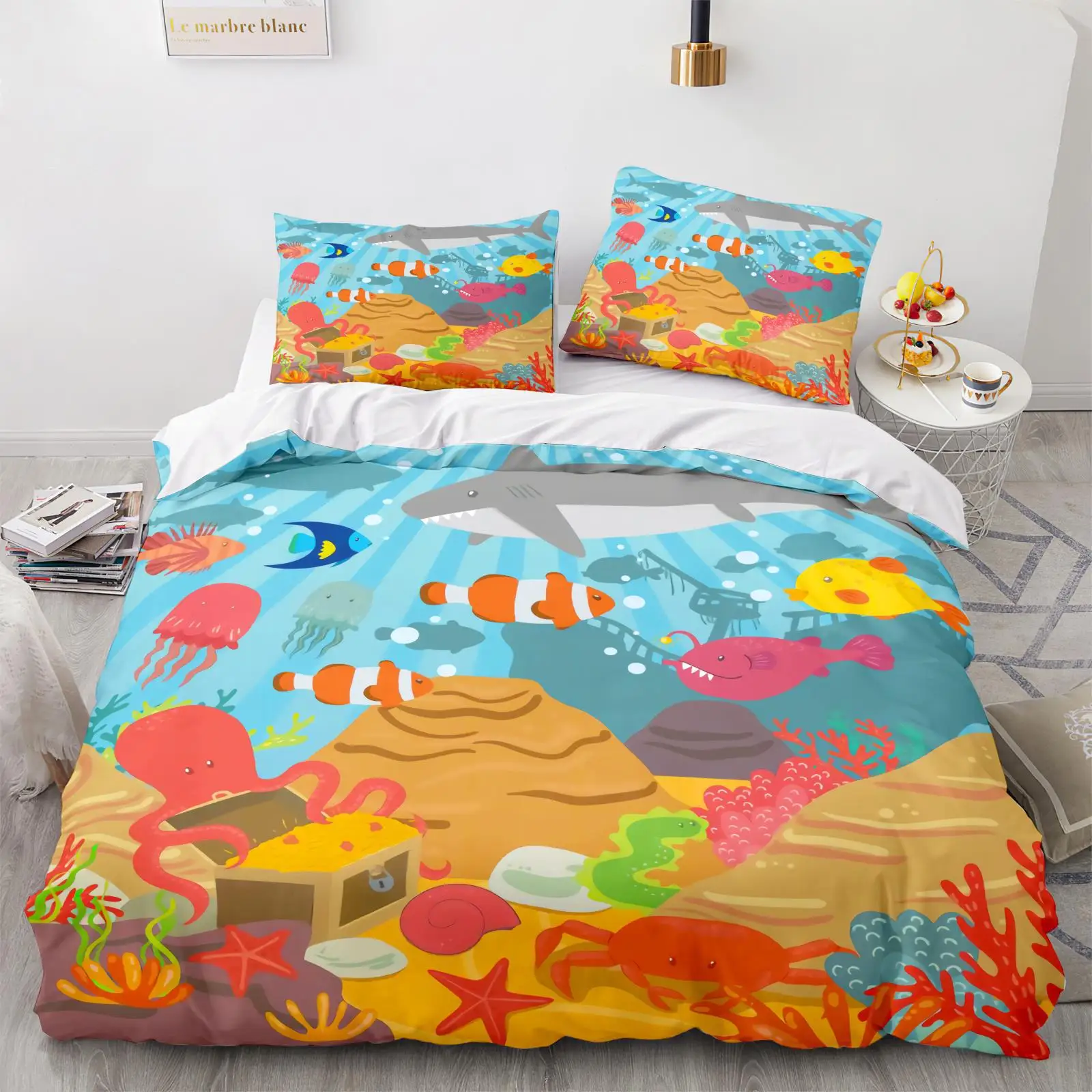 

Underwater World King Queen Duvet Cover Cartoon Ocean Animal Bedding Set For Kids Fish Coral Sea Life Soft Polyester Quilt Cover