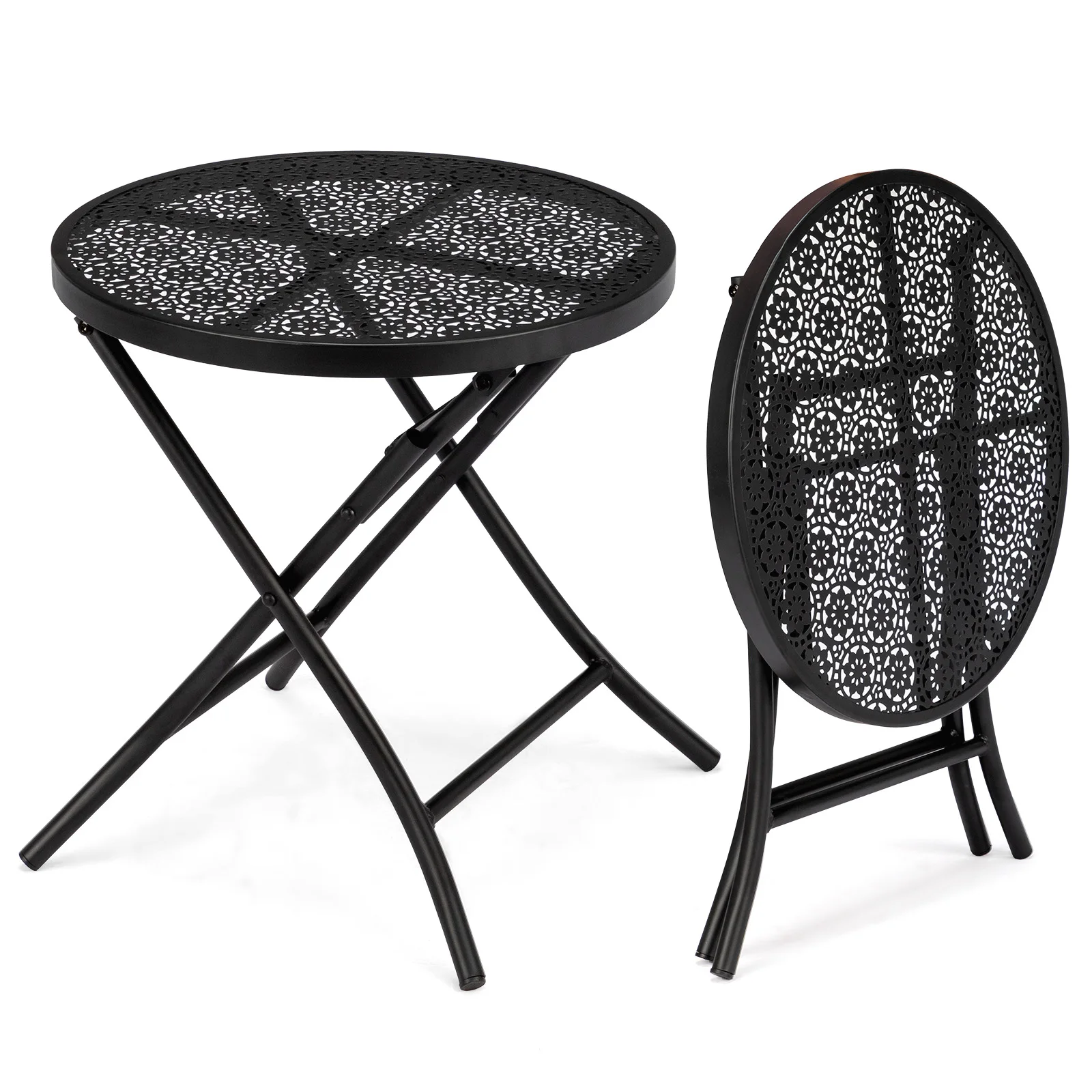 

18 inch Folding Patio Side Table, Metal Steel Outdoor Round Coffee Table with Flower Cutouts for Patio Yard Balcony Garden, Blac