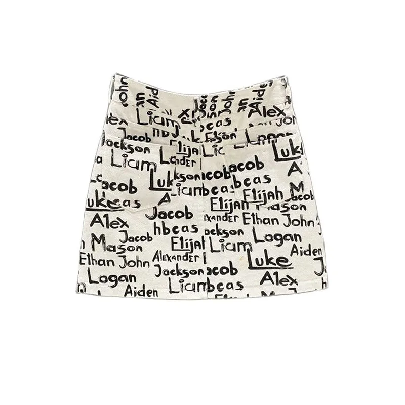 

One Step Skirt Fashion High Waist Cowboy Skirt Women Summer Wild Thin Printing A Word Short Skirt Letter Printing Hip Wrap Skirt