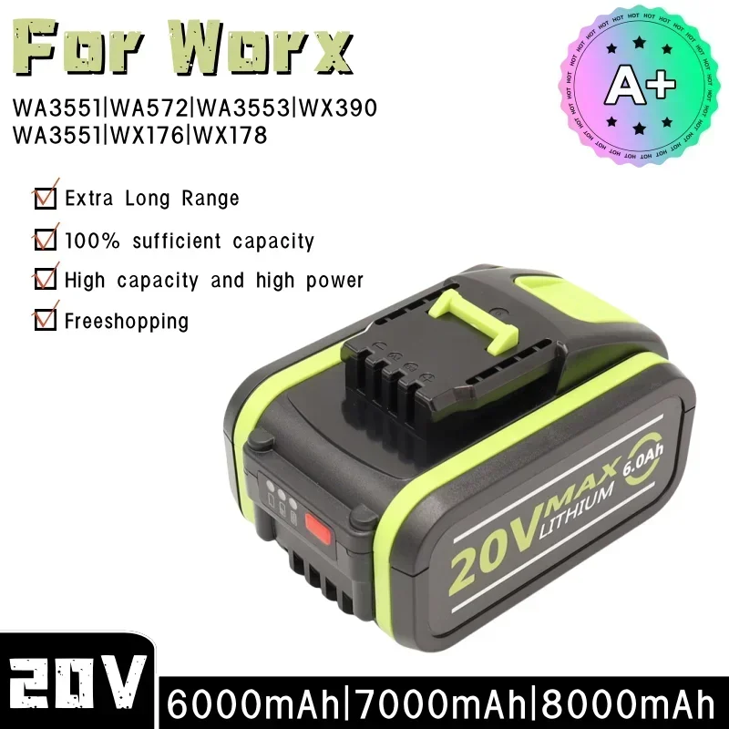 

18000mAh Replacement Worx 20V Max Li-Ion Battery WA3551 WA3551.1 WA3553 WA3641 WX373 WX390 Rechargeable Battery Tool