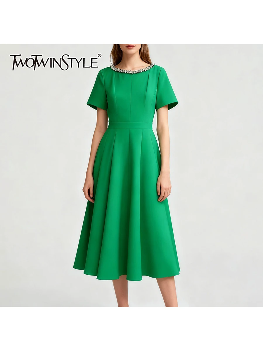 TWOTWINSTYLE Solid Slimming Spliced Bead Elegant Dresses for Women Round Eck Short Sleeves High Waist Basics Dress Female New