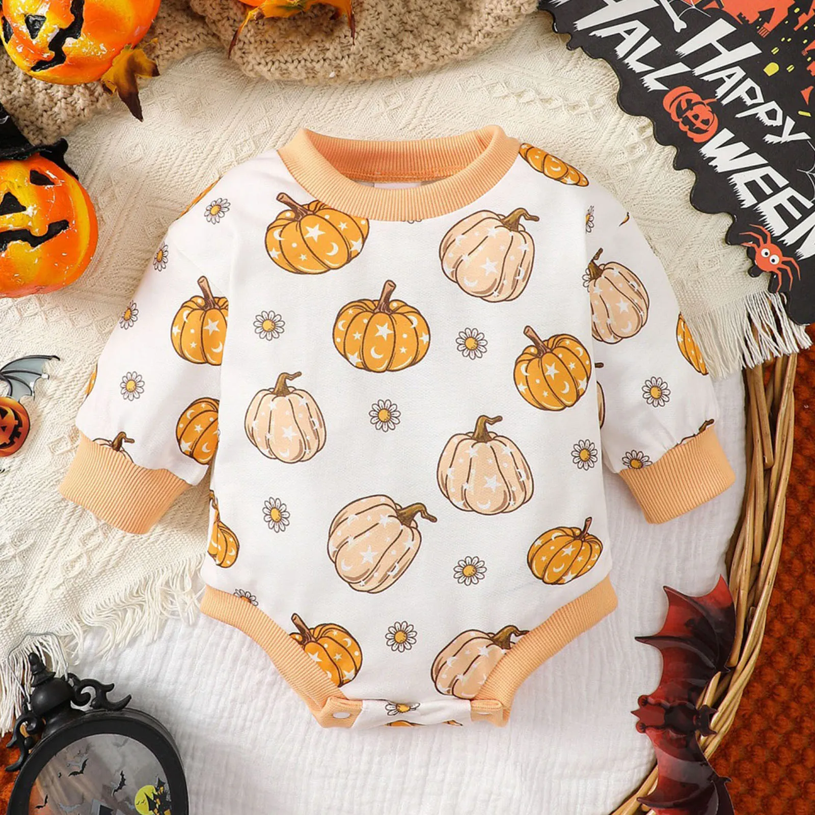 0-1years Autumn Baby Girls Rompers Clothes Newborn Infant Long Sleeve Crew Neck Pumpkin Print Jumpsuit Newborn Halloween Costume