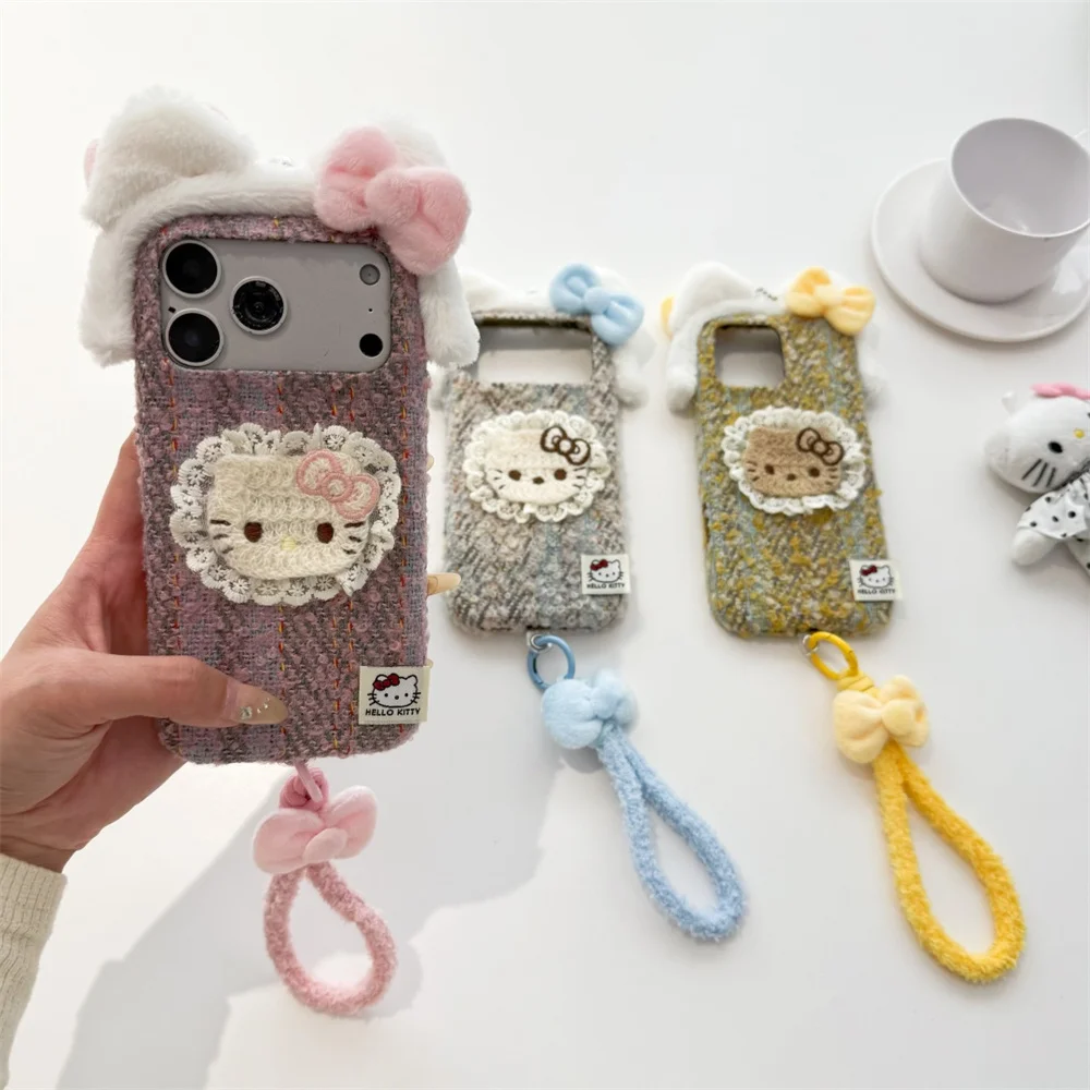 

Cute Plush Cat Ears Fluffy Warm Hellokitty Case for iPhone 14 14 Pro Max 16 Max 17 Cover With Cute Cartoon Fundas With Hand Stra