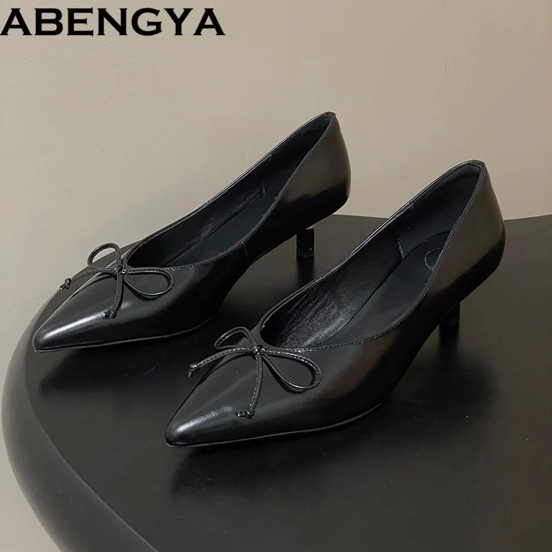 Spring Kitten Heels Women's Pumps Real Leather Bowknot Decor Party Shoes For Women Loafers Sexy Marry Jean Shoes Ladies