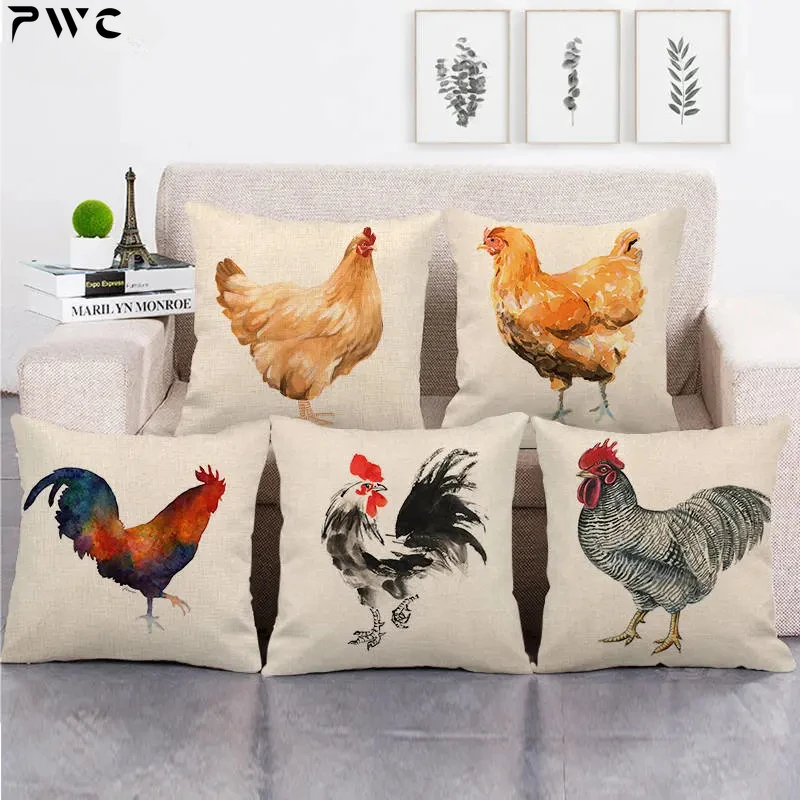 

Animal Cock Hen Printed Cushion Cover Farmhouse Decor Linen Pillow Case 45cmx45cm Square Office Chair Handmade Cushion Case