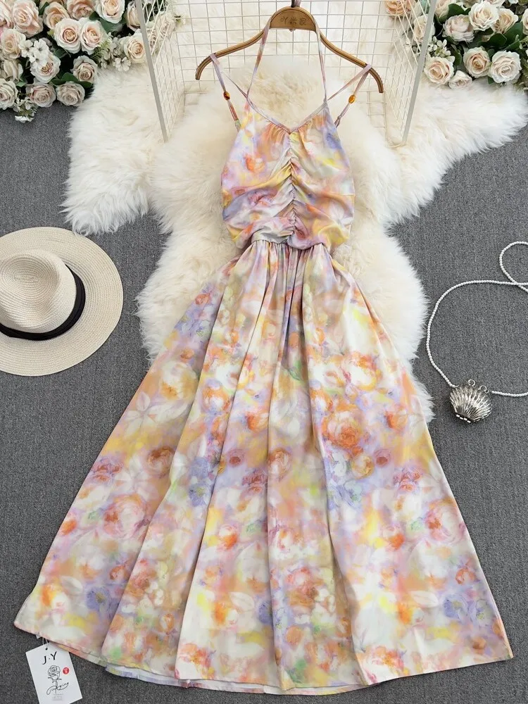 

Summer Sexy Beach Dress Women Printed Hanging Neck Flroal Boho Long Dresses Ladies Elegant Slim A-line Long Robe Vestidos