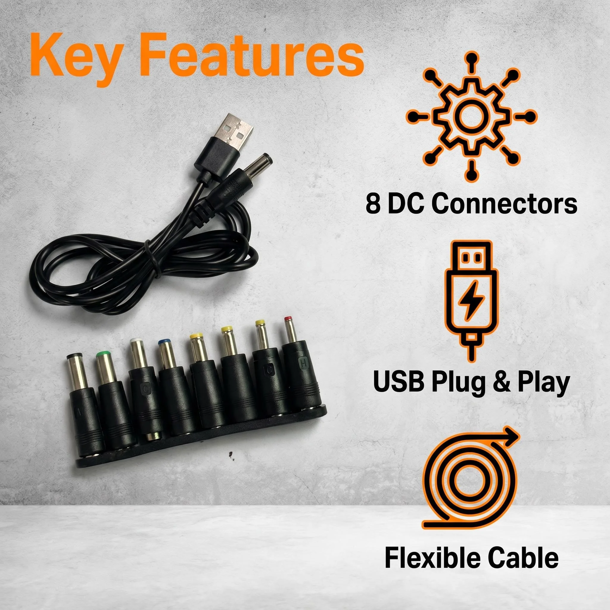 USB to DC Power Adapter Cable With 8 Kinds Different DC Plug Connectors 5.5x2.1mm DC Power Cord
