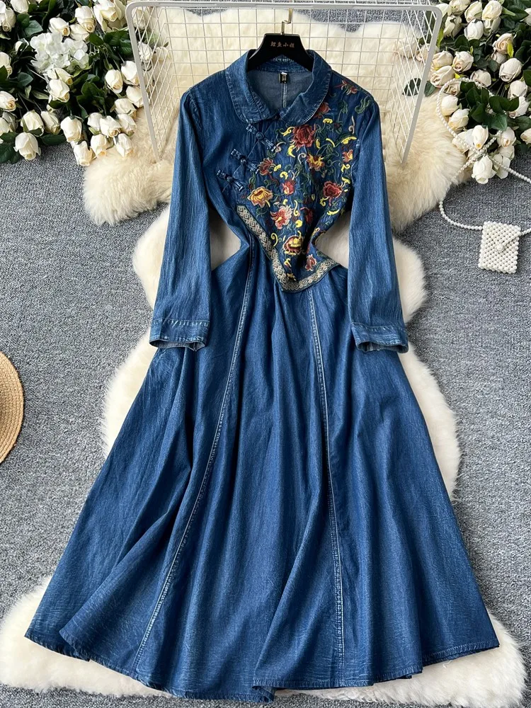 New National Elegant Winter Long Embroidery Denim Dress Women Vintage Jean Dress Lady Party Dresses Frog Autumn Vestido Rober