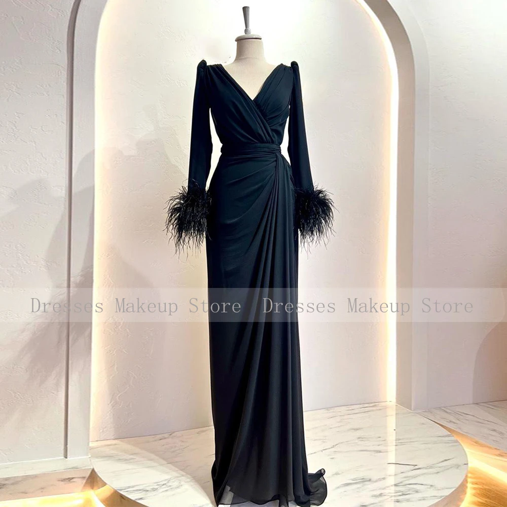 Sky Blue Evening Dress Long Sleeves Feather V Neck Sheath/Column Women\'s  Gowns 2023 Pleat Formal Party  for Wedding