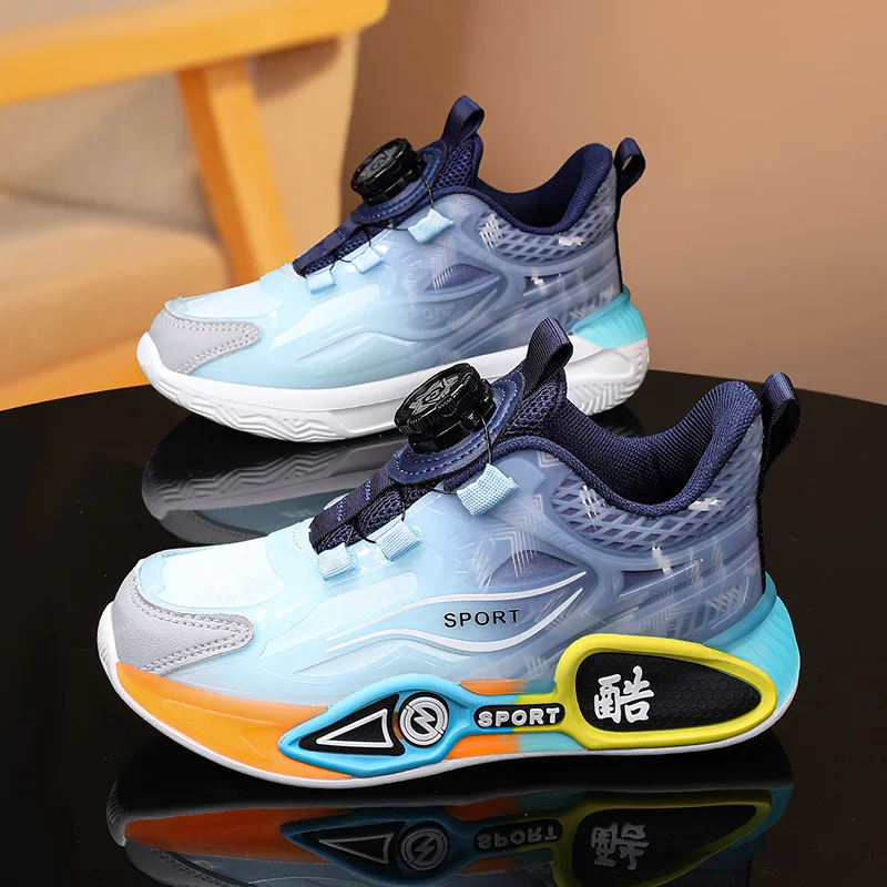 Kids Basketball Shoes Boys & Girls Sneakers Rotary Buckle Non-Slip Cushion Soles Breathable Colorful Casual Outdoor Sports Shoes