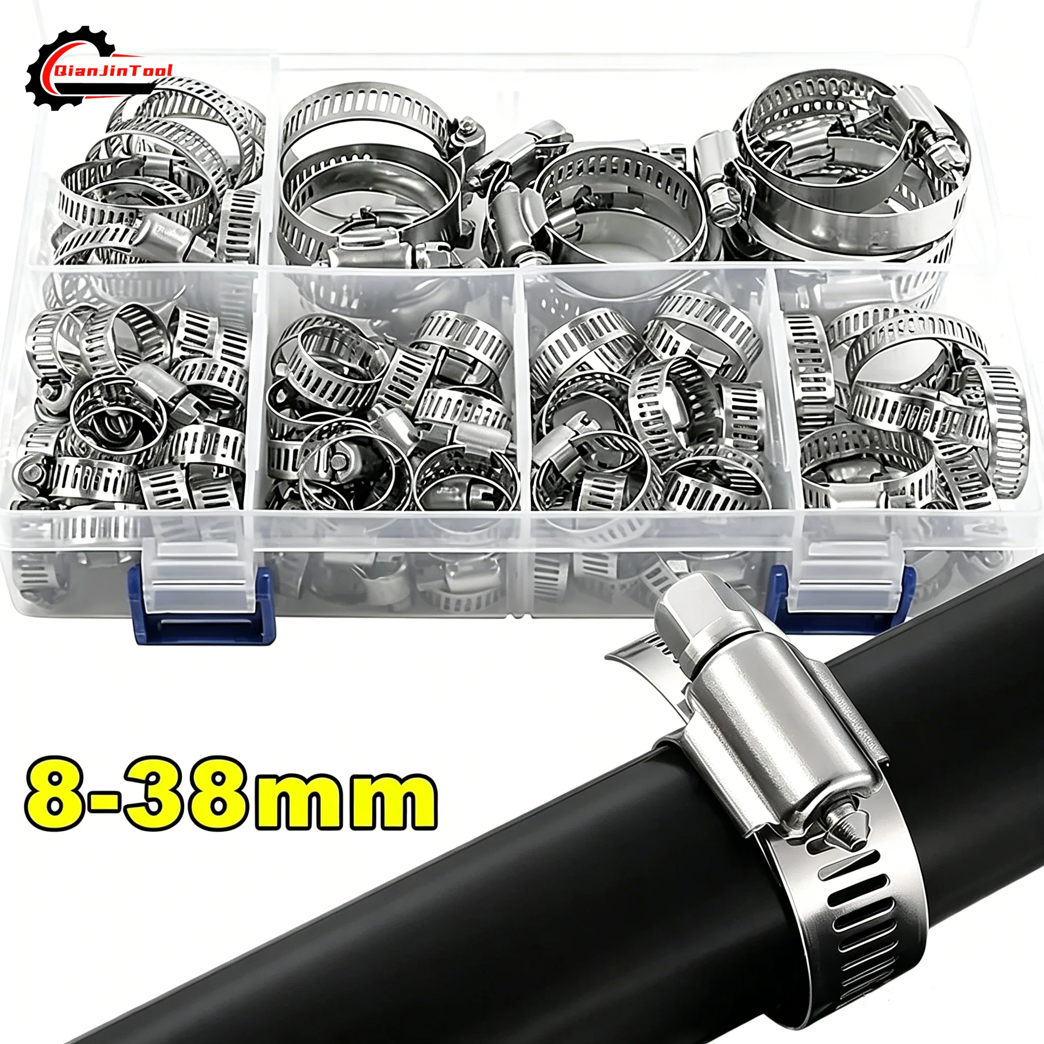 60Pcs Adjustable Hose Clamp 8-38mm Pipe Hoop Clamp 304 Stainless Steel Fastener Automotive Pipes Clip Fixed Tool Accessories