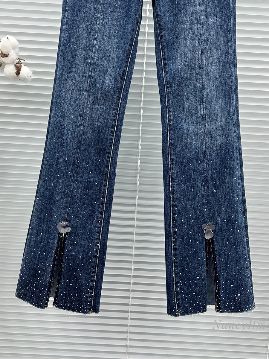 European Fashion Split Skinny Jeans for Women Trendy 2024 New Autumn High Waist Slim Fit All-Match Rhinestone Blue Denim Pants