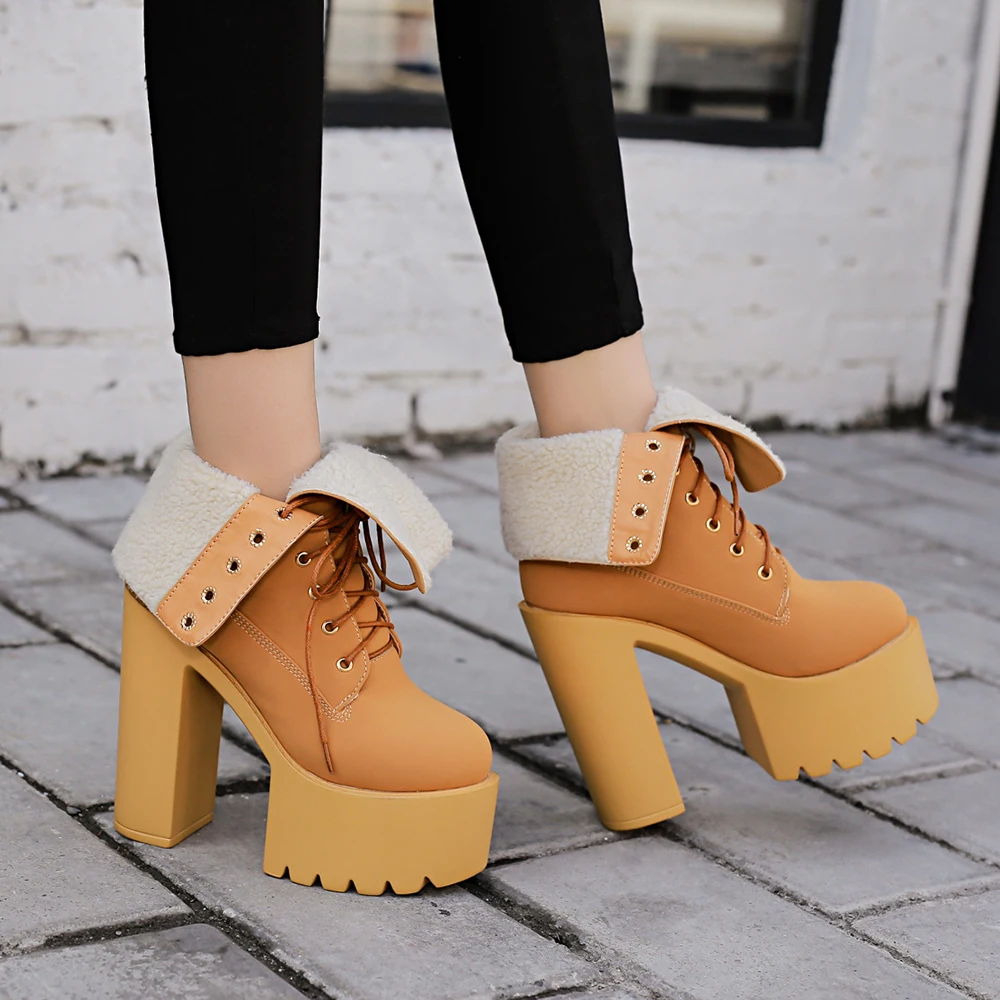 

Gdgydh Женские ботинки до середины икры на платформе с блочным каблуком Зимние модельные ботинки в корейском стиле на шнуровке Теплые меховые ультравысокие каблуки T-Stage