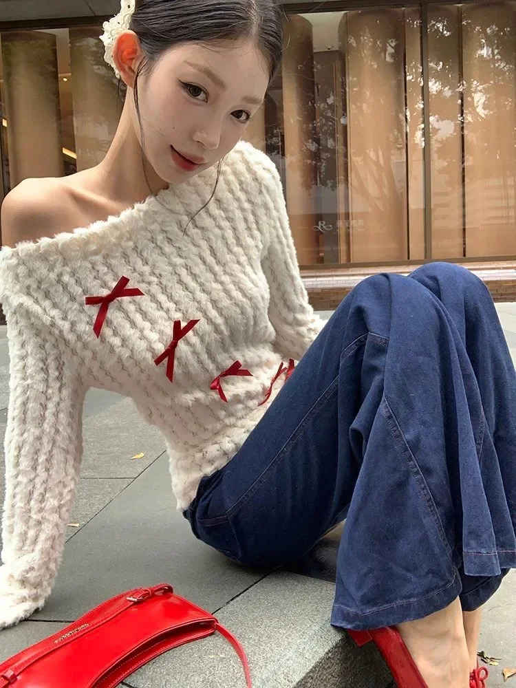 Bow Off Shoulder White Knitted Sweater for Women 2025 Early Autumn New Bottoming Tops Mujer Y2k Long Sleeved Pullovers T Shirts