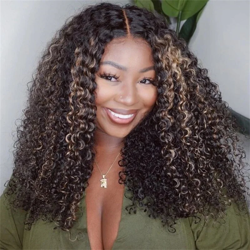 Julia Hair Bye-Bye Knots Wig 7x5 Glueless Wigs Wear Go Pre Cut Lace Wig Black With Blonde Highlights Bouncy Jerry Curly TN27