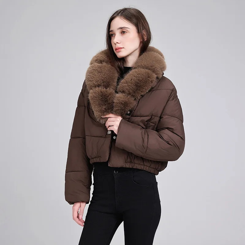 Short Cotton Jackets Warm Cropped Puffer Jacket Women Faux Fur Large Collar Elastic Hem Snap Closure Winter Outerwear Chic New