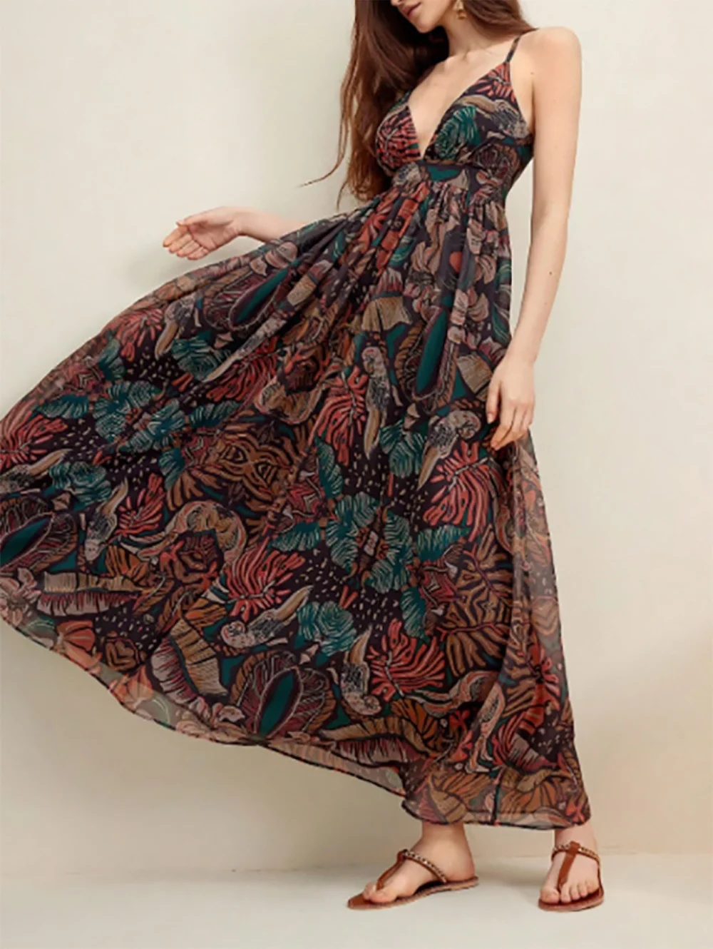 فستان نسائي صيفي بحزام سباغيتي برقبة على شكل حرف V مثير بدون ظهر مزين بالزهور فستان ماكسي لحفلات الشاطئ بوهو