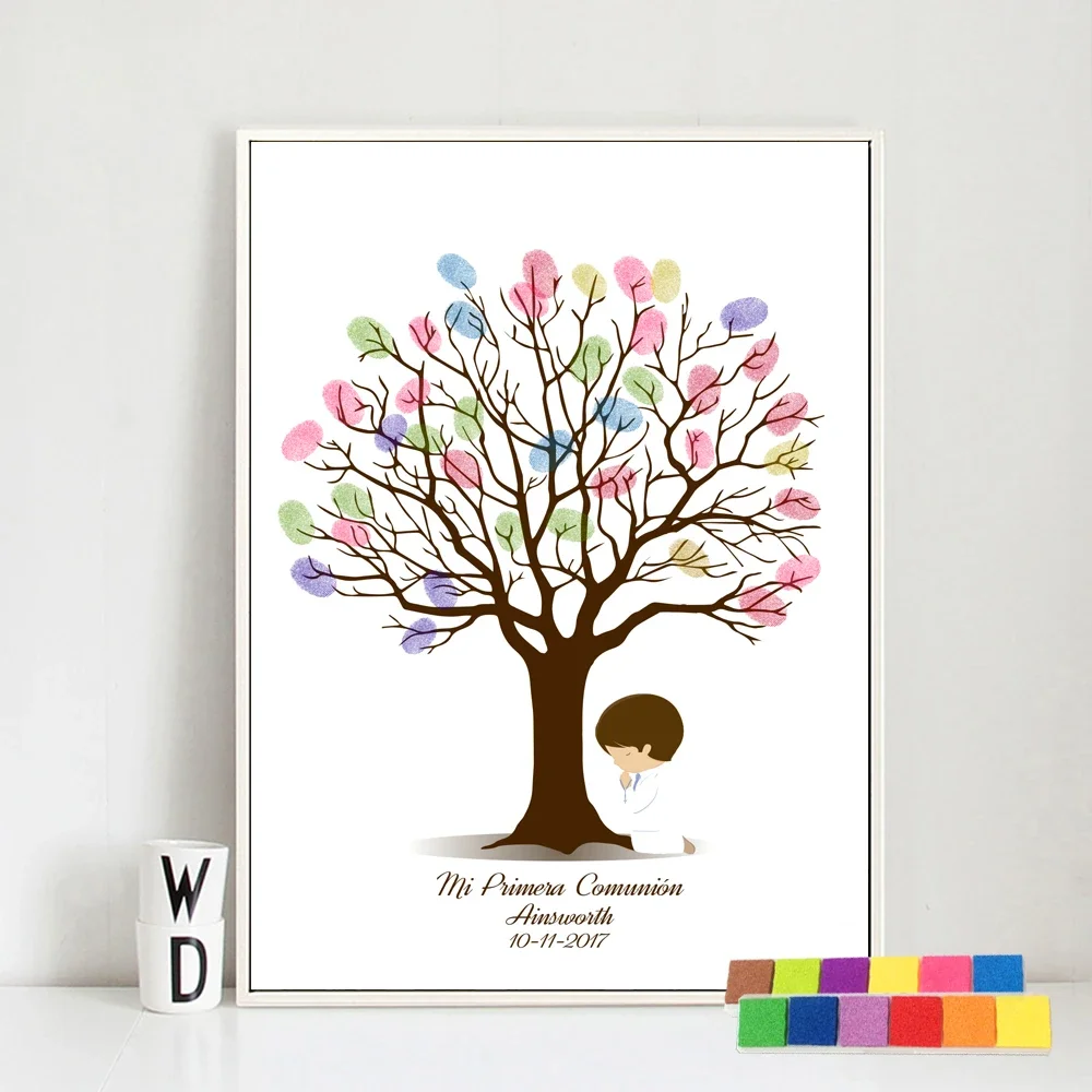 First Communion Boy Fingerprint Tree Guestbook Baby Shower Souvenir Canvas Poster Baptism Birthday Wall Art Picture Room Decor