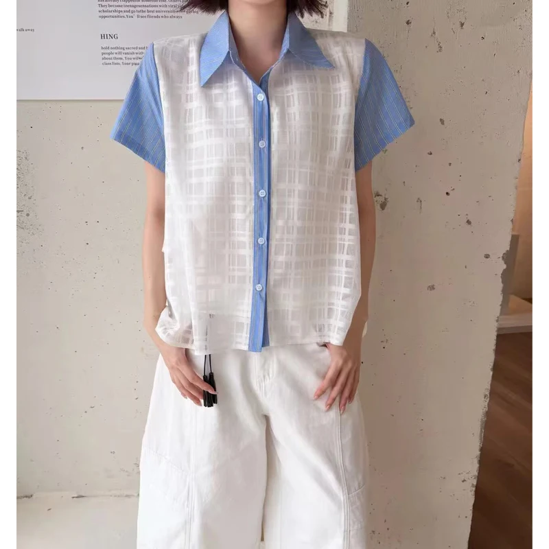 

Slimming Plaid Patchwork Loose Fit Short Sleeve Shirt Women's Casual Style Turn-down Collar Asymmetrical Hem Summer New Arrivals