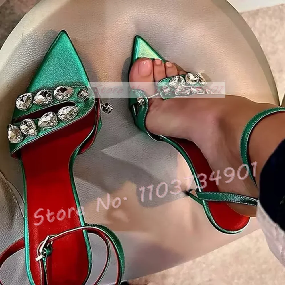 

Crystals Rivets Ankle Strap Sandals Female Sexy Pointy Toe Stiletto High Heels Shoes Lady Elegant Gems Luxury Party Sandals