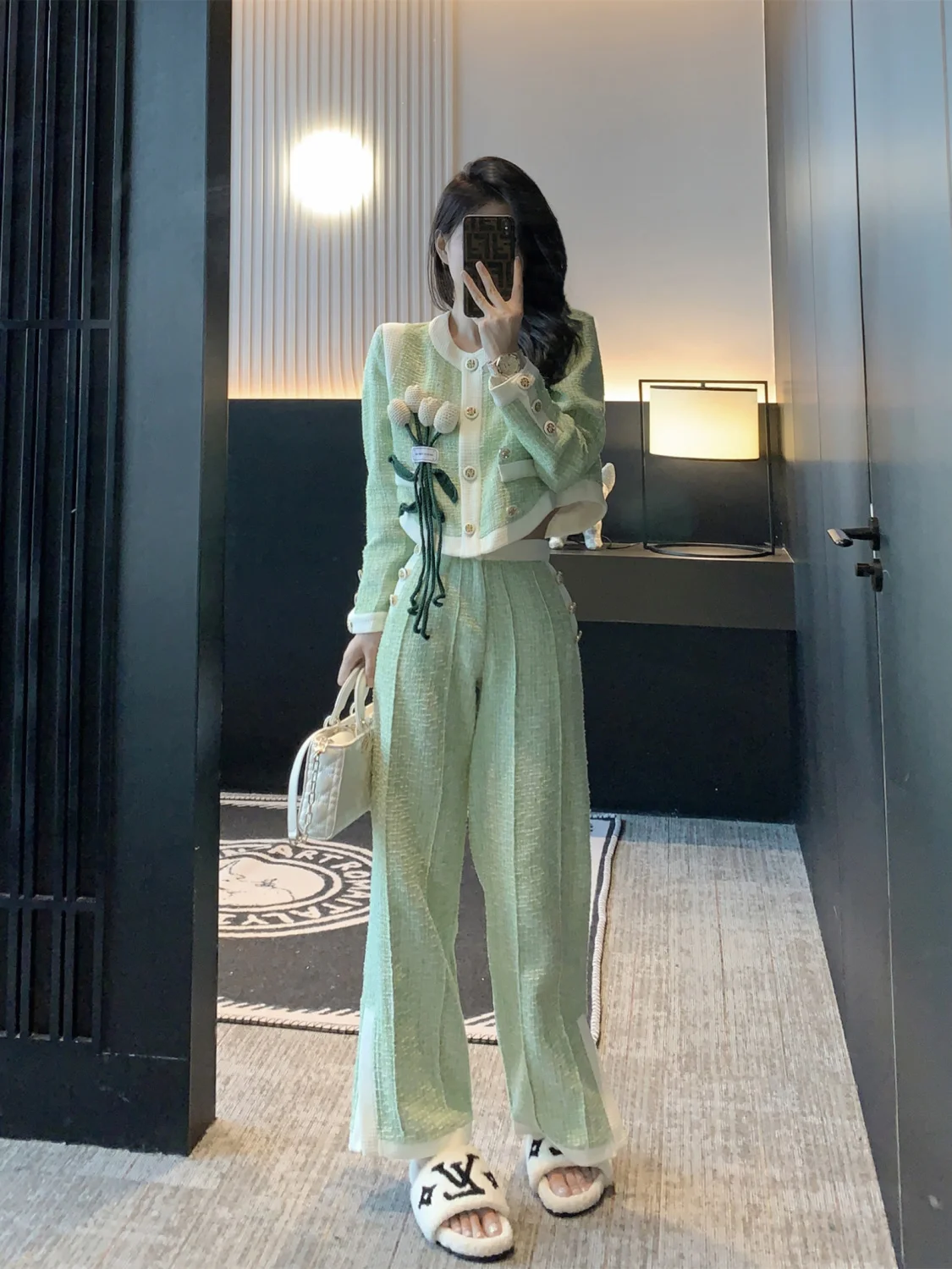 Autumn and winter new fashionable small fragrance style set casual top+temperament high-end wide leg pants two-piece set