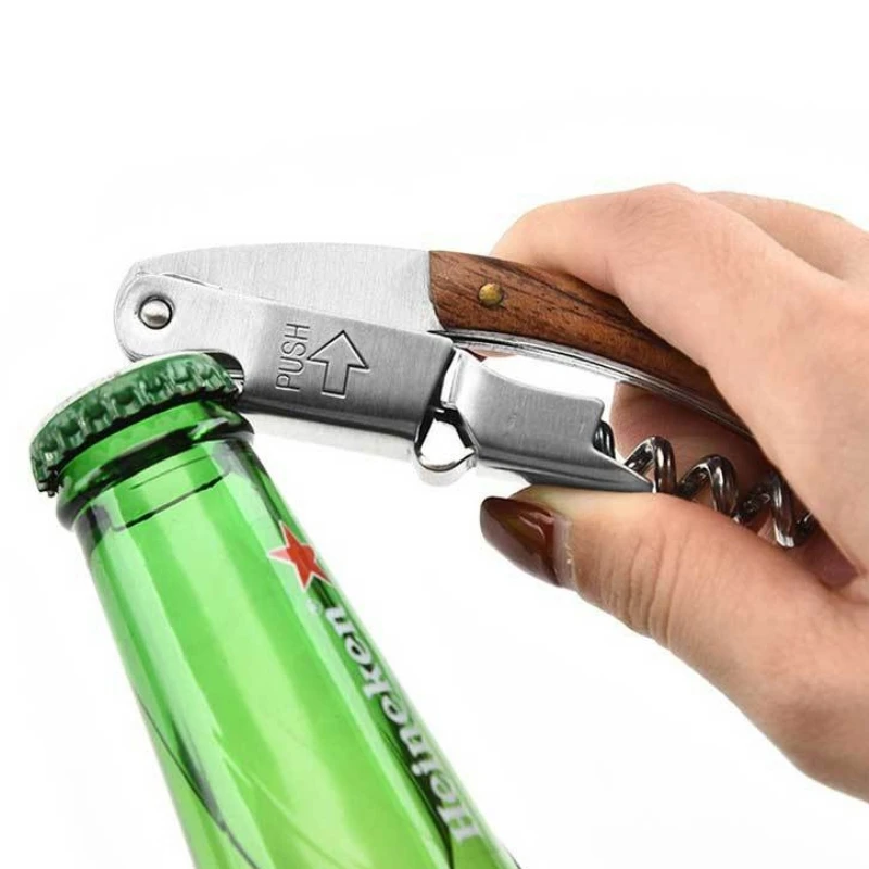 Stainless Steel Wood Handle Wine Corkscrew Professional Wine Opener Portable Screw Corkscrew Multifunction Beer Cap Bottle