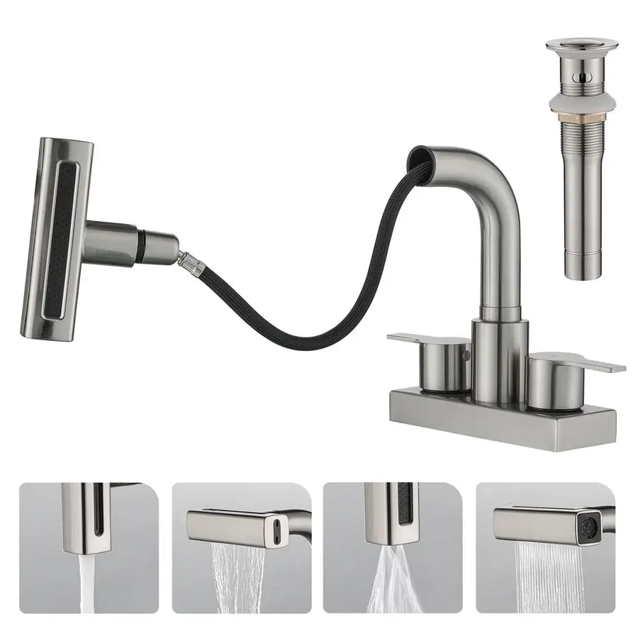 

Sink Faucet with Pull Down Sprayer 3 Holes, Brushed Nickel 4 inch 2 Handles Centerset Laundry Bar Basin Pull Out Faucet with Pop