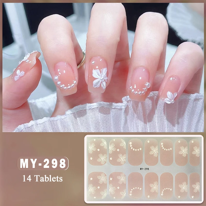 14Tips Glitter Bowknot Full Cover Nail Stickers Shiny Flowers Adhesive Press on Nail Decals Manicure DIY Full Cover Nail Wraps