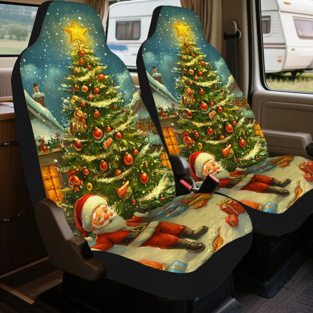 2pcs Car Seat Covers Set, G And Nostalgic Holiday Ambiance. The Composition Is Balanced, With The Tree And Santa Forming The Ce