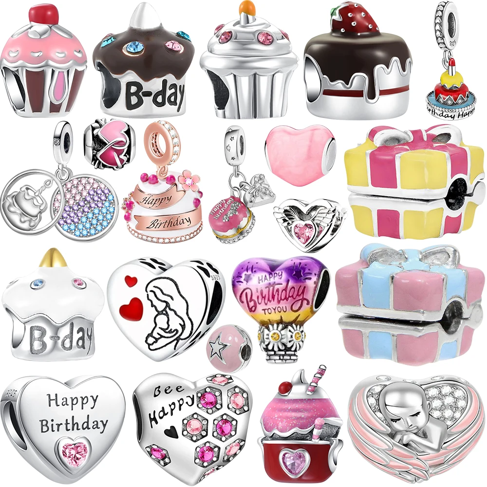 

New 925 Sterling Silver Happy Birthday Heart Charms Angel Beads Fit All European Bracelets Sweet DIY Jewelry Gift Best Friend