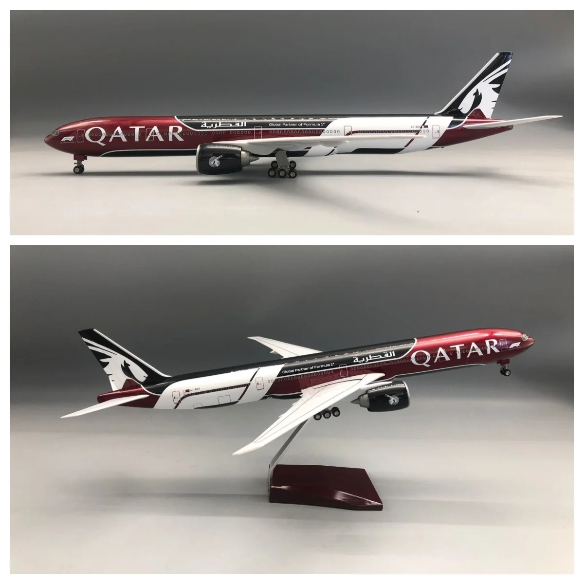 

47CM 777-300 Qatar Airways Airplane Model Toy Resin Replica Plane Model with Landing Gear Wheels Light(Touch or Sound Control)