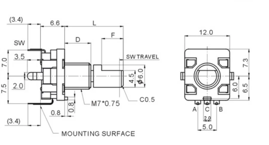 YYT-Digital Pulse Potentiometer Encoder Switch, Encoder Switch, Número de posicionamento, 20 Comprimento do punho de pulso, 25mm, 2pcs