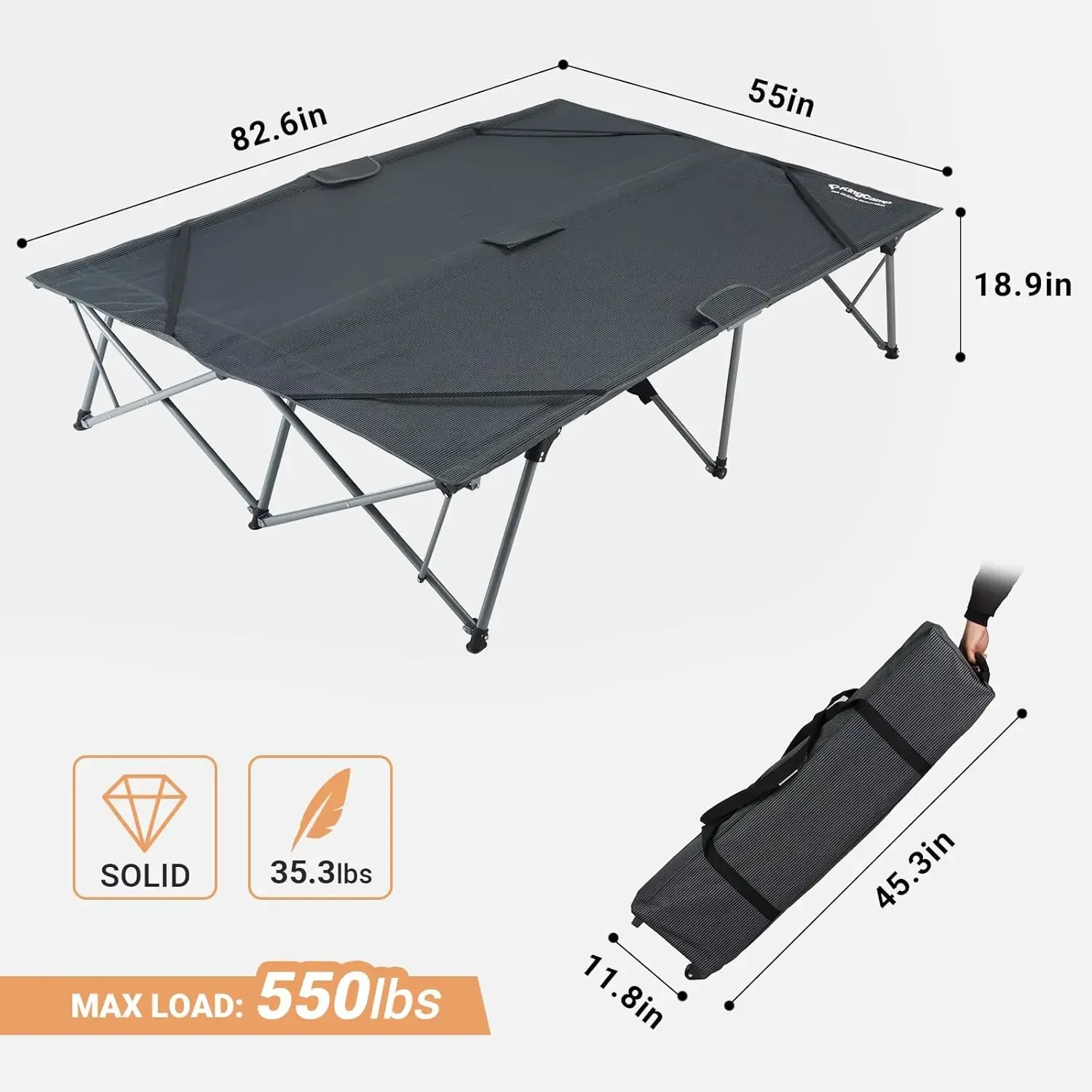 Folding Camping Cot Adjustable Heavy Duty Outdoor Oversized Adult Wide, 84.6''x 55.1''x18.9'', Grey-double