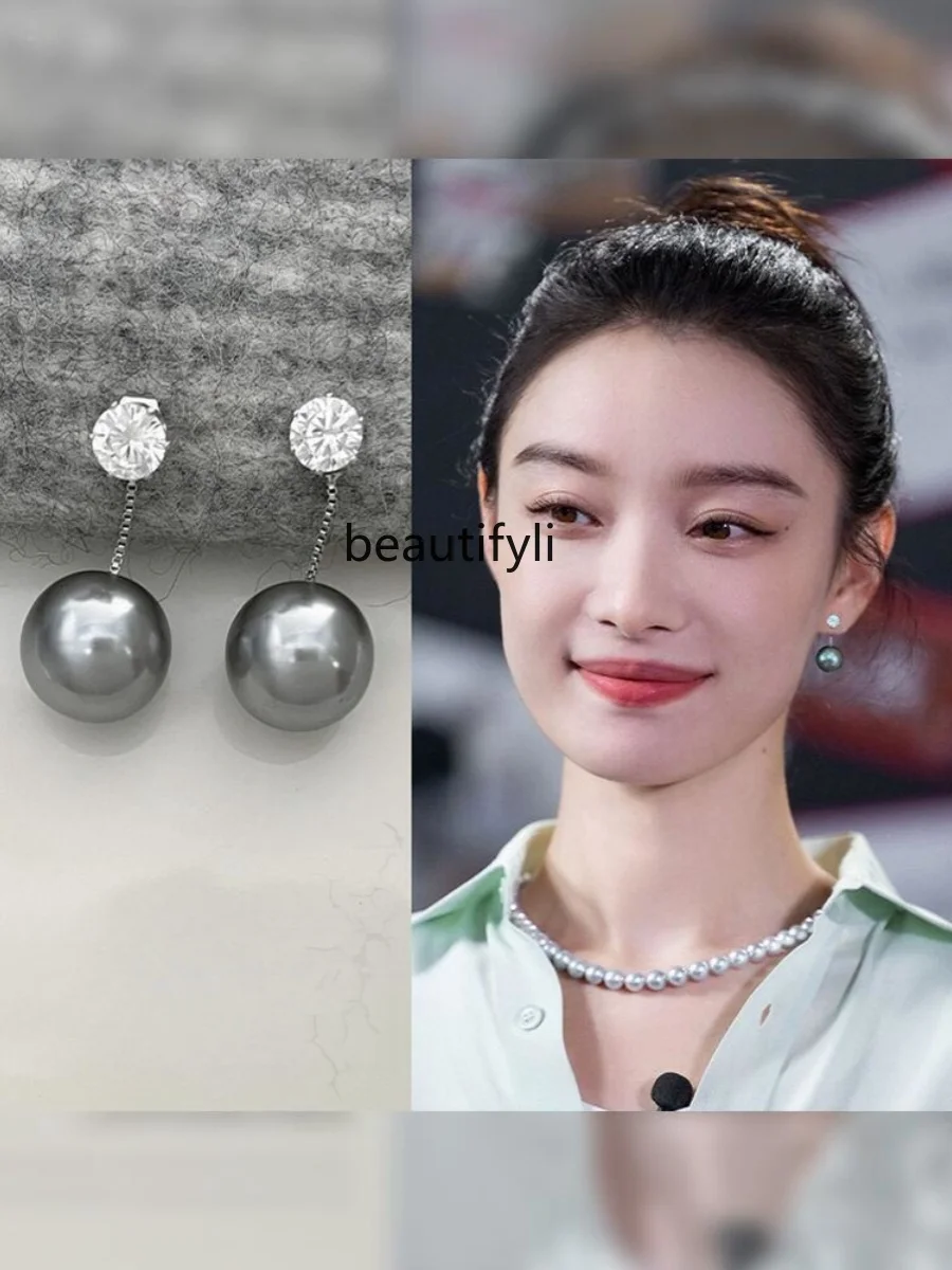 925 Silver Needle Single Zircon Chain Pendant Shijia Pearl Earrings Advanced Exquisite Temperament Design Earrings