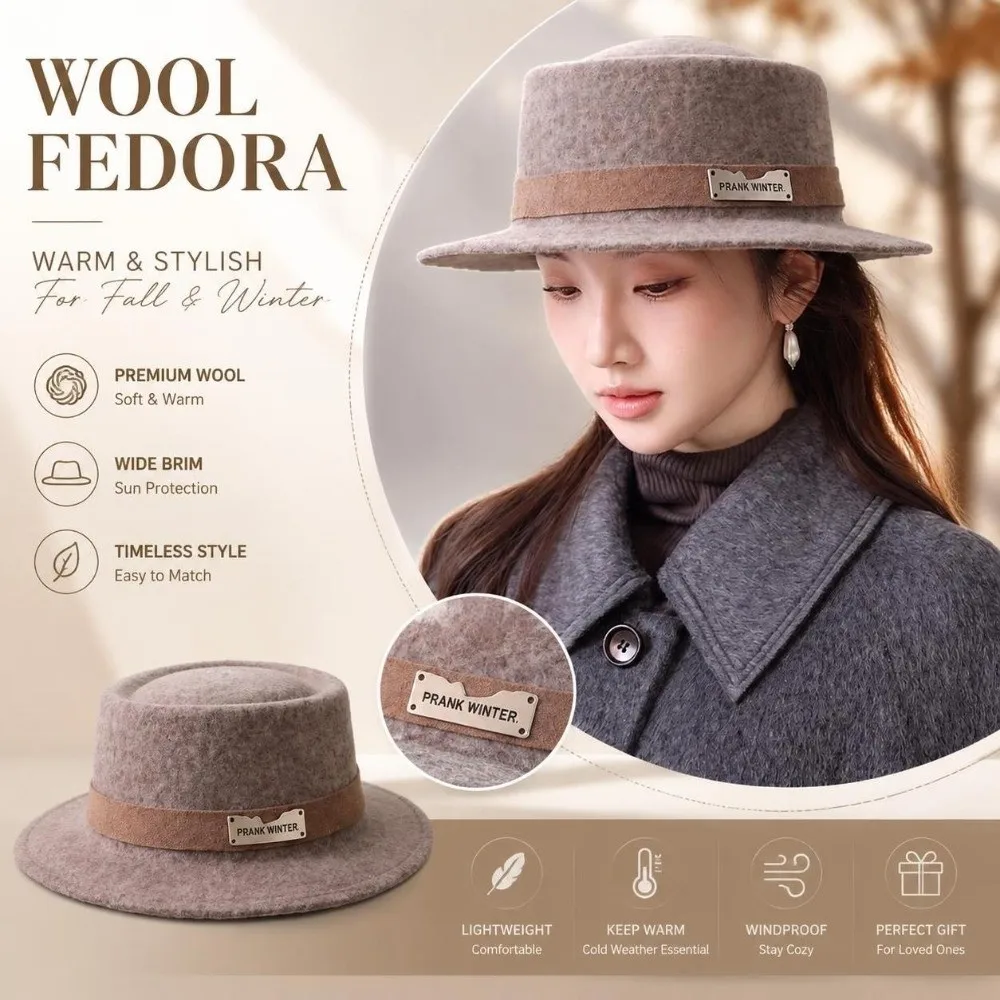 Wool Felt Flat-Top Fedora Hat Structured Crown Wide Brim French Fedora Hat Face-Flattering Shape Flat Top Women's Wool Hat
